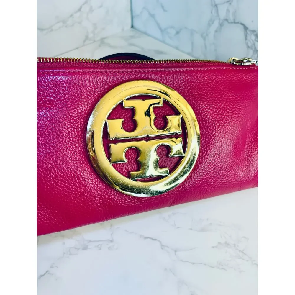 TORY BURCH Amanda Foldover Clutch Crossbody w/Pink Leather w/Golden Accents, EUC